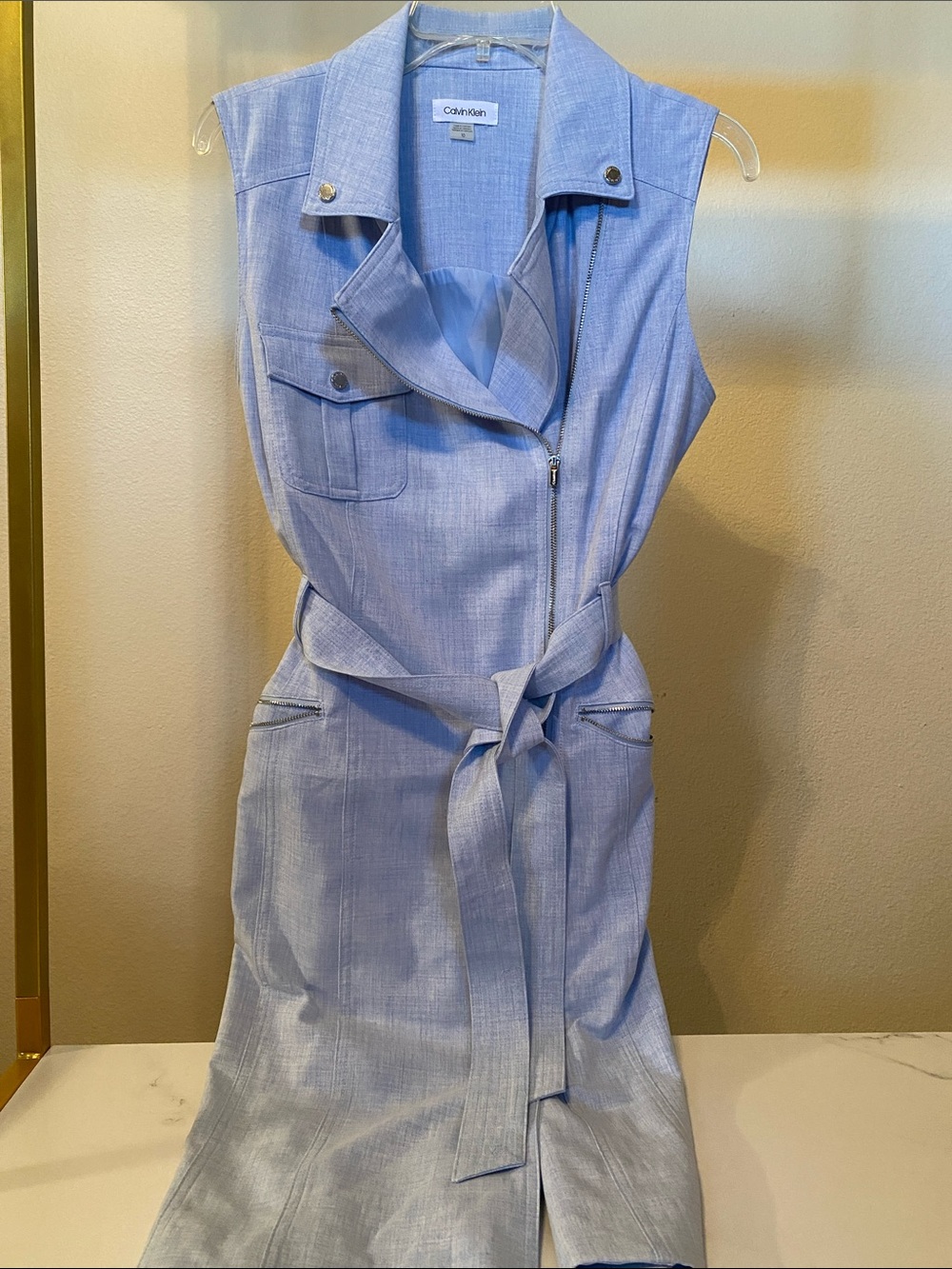 Light Blue Calvin Klein Dress with Zipper Front and Belt Tie